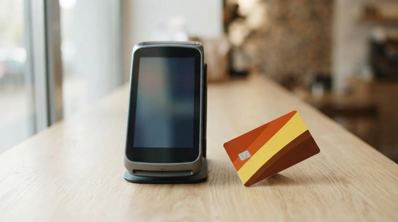 Bankkarte neben einem modernen Zahlterminal und ausgedruckten Zahlungsbelegen