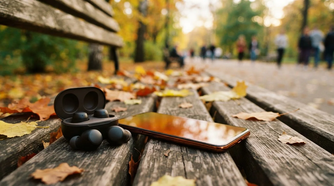 Smartphone und kabellose Kopfhörer auf einer Parkbank neben Herbstlaub