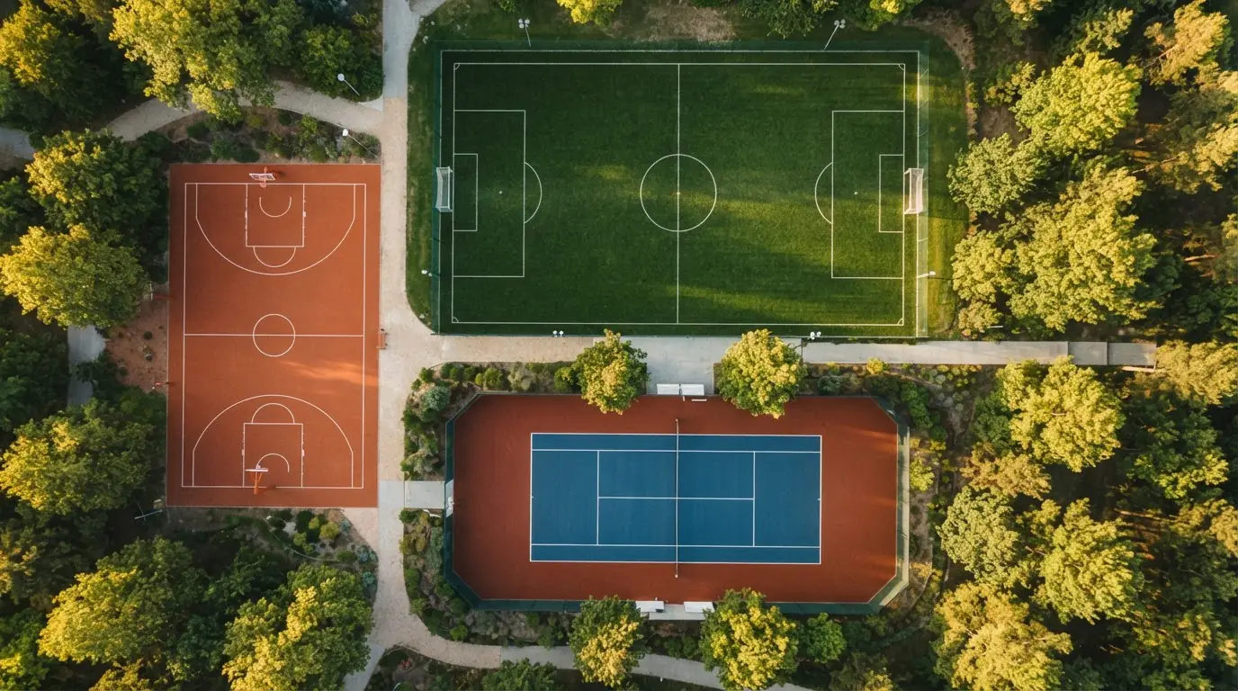 Mehrere Sportplätze aus der Vogelperspektive mit unterschiedlich markierten Spielflächen