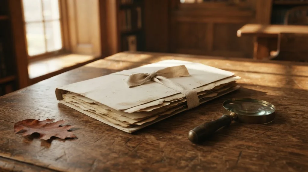 Gebundene Archivmappe mit Lupe und Eichenblatt auf einem hölzernen Lesetisch