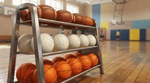 Bälle für mehrere Mannschaftssportarten in einem Regal einer Sporthalle