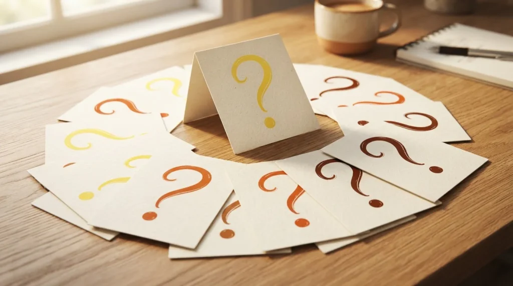 Karten mit großen Fragezeichen aus farbigen Linien auf einem Schreibtisch