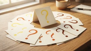 Karten mit großen Fragezeichen aus farbigen Linien auf einem Schreibtisch