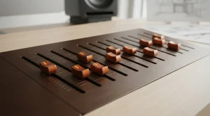 Mehrere Schieberegler auf einem übersichtlichen Bedienpult neben einem Notizheft