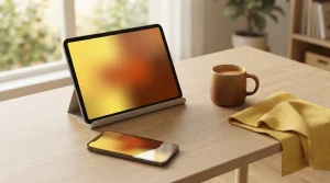 Smartphone und Tablet auf einem Schreibtisch mit einfachen Sportgrafiken auf den Displays